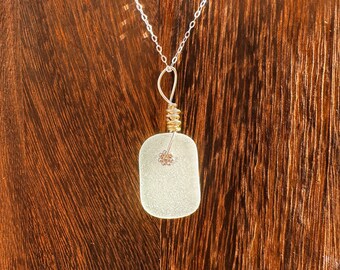 Rounded Rectangle Hint of Seafoam Seaglass Necklace