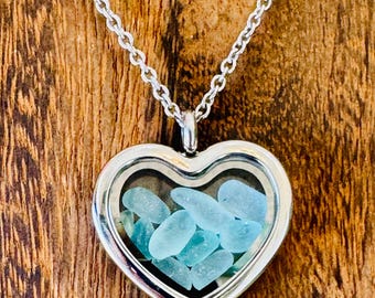 Ocean-Inspired Heart-Shaped Locket Necklace With Seafoam Seaglass Bits