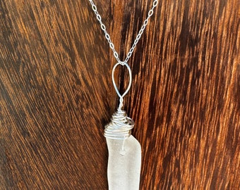 Elongated Clear White Bottle Seaglass Necklace