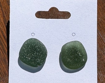 Olive Green Seaglass Earrings: Authentic Japan Beach Glass, Sterling Silver