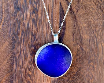 Cobalt Blue Bezeled Silver Seaglass Necklace