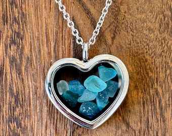 Ocean-Inspired Heart-Shaped Locket Necklace With Blue Seafoam Seaglass Bits