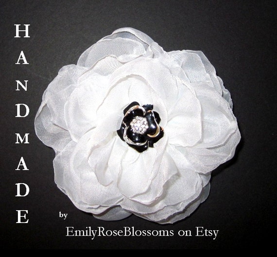 Items similar to Black and White Fabric Flower Hair Clip or Brooch on Etsy