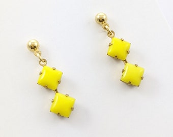 Vintage Opaque Glass Drop Earrings in Yellow