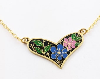 Vintage Enamel Floral Print Heart Necklace