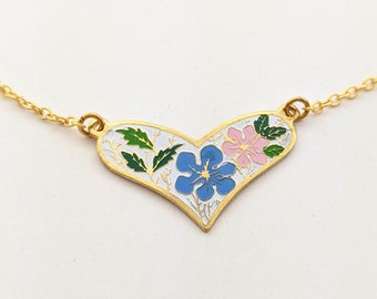 Vintage Enamel Floral Print Heart Necklace