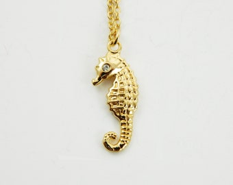 Gold Plated Crystal Seahorse Charm Necklace