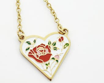 Enamelled Heart Rose Necklace