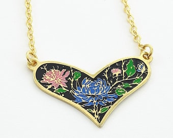 Vintage Black Enamel Floral Heart Necklace