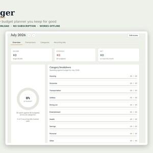May include: A digital budget planner interface titled Ledger, displaying a July 2026 overview dashboard with sections for income, expenses, net, and a category breakdown list including housing, groceries, transportation, utilities, and savings.