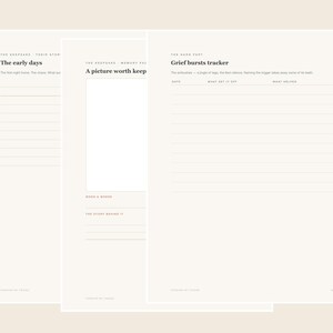 Op de afbeelding: Drie off-white pagina's uit een dagboek met zwarte tekst en lijnen. De pagina's zijn getiteld The early days, A picture worth keeping en Grief bursts tracker. Elke pagina bevat schrijfsecties, waarbij de tracker-pagina kolommen heeft voor datum, wat het veroorzaakte en wat hielp.