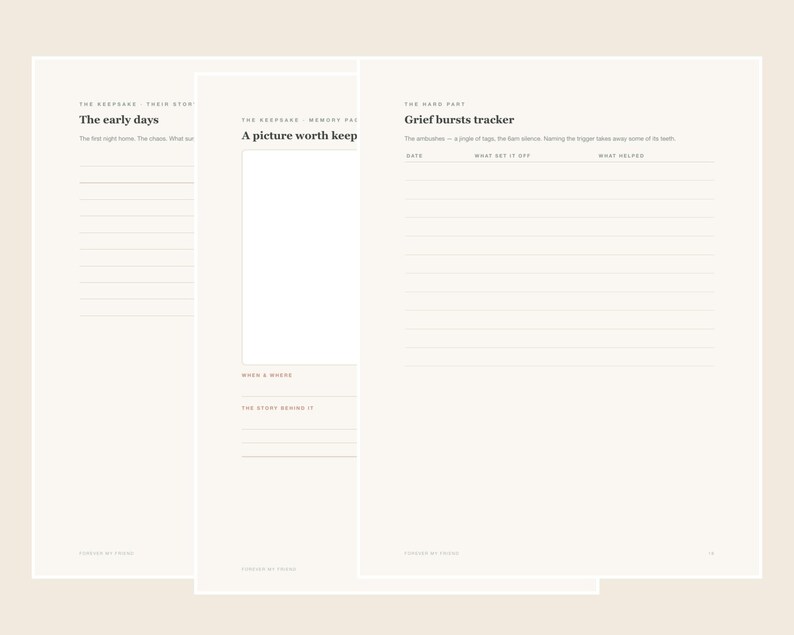 Op de afbeelding: Drie off-white pagina's uit een dagboek met zwarte tekst en lijnen. De pagina's zijn getiteld The early days, A picture worth keeping en Grief bursts tracker. Elke pagina bevat schrijfsecties, waarbij de tracker-pagina kolommen heeft voor datum, wat het veroorzaakte en wat hielp.