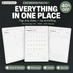 May include: A digital planner for reMarkable Paper Pro featuring three screen views: a daily schedule, a January 2026 monthly calendar, and a meeting notes page. Text includes EVERYTHING IN ONE PLACE, Tap any date &mdash; no scrolling, and The Everyday OS.