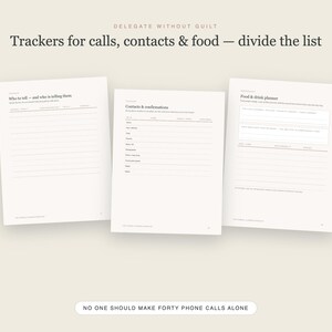 May include: Three white planner pages with black text. The top text reads Delegate Without Guilt, Trackers for calls, contacts & food &mdash; divide the list. The bottom text reads No one should make forty phone calls alone. The pages feature lined sections.