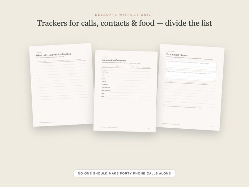 May include: Three white planner pages with black text. The top text reads Delegate Without Guilt, Trackers for calls, contacts & food &mdash; divide the list. The bottom text reads No one should make forty phone calls alone. The pages feature lined sections.