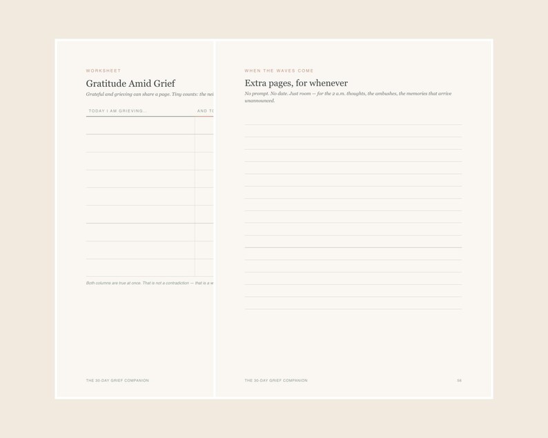May include: A two-page spread from a journal featuring the headings Gratitude Amid Grief and Extra pages, for whenever. The left page includes a worksheet with lines for Today I am grieving, while the right page provides blank lined space.
