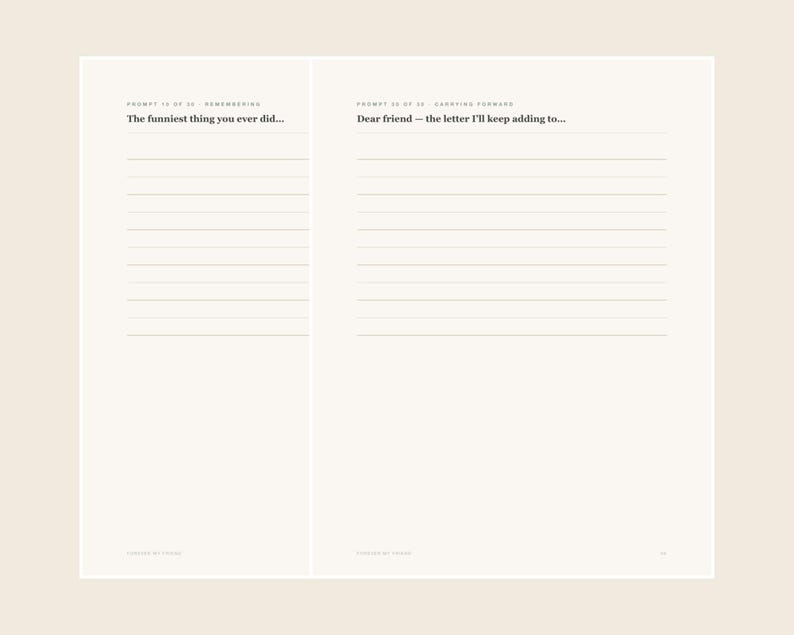 Op de afbeelding: Een open dagboek met twee pagina's met gelinieerde schrijfgedeelten. De linkerpagina toont de tekst 'PROMPT 10 OF 30 - REMEMBERING' en 'The funniest thing you ever did....' De rechterpagina toont 'PROMPT 11 OF 30 - CARRYING FORWARD' en 'Dear friend &ndash; the letter I'll keep adding to...'