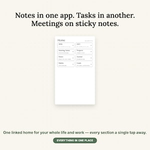 May include: A digital planner interface featuring a home screen with sections for 2026, 2027, meeting notes, projects, notes, journal, habits, and goals. The text reads: Notes in one app. Tasks in another. Meetings on sticky notes. One linked home for your whole life and work &mdash; every section a single tap away. Everything in one place.