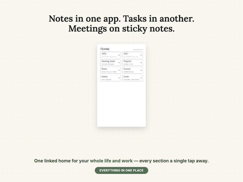 May include: A digital planner interface featuring a home screen with sections for 2026, 2027, meeting notes, projects, notes, journal, habits, and goals. The text reads: Notes in one app. Tasks in another. Meetings on sticky notes. One linked home for your whole life and work &mdash; every section a single tap away. Everything in one place.