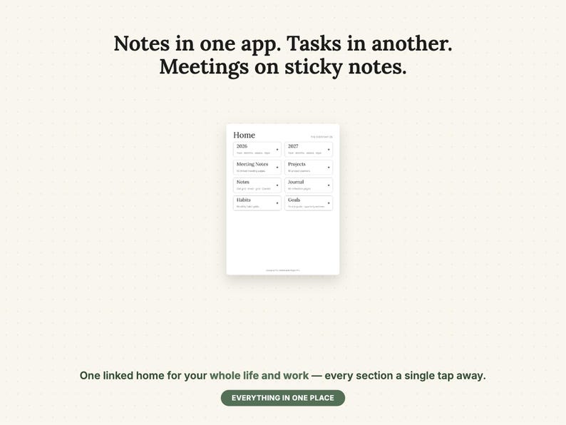 May include: A digital planner interface on a light background with the text: Notes in one app. Tasks in another. Meetings on sticky notes. The central dashboard features a Home menu with sections for 2026, 2027, Meeting Notes, Projects, Notes, Journal, Habits, and Goals.