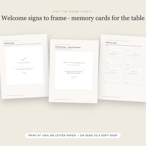 May include: Three white pages with black text and minimalist line graphics. The pages feature templates for welcome signs and memory cards, with headers reading Welcome signs to frame and memory cards for the table, plus printing instructions.