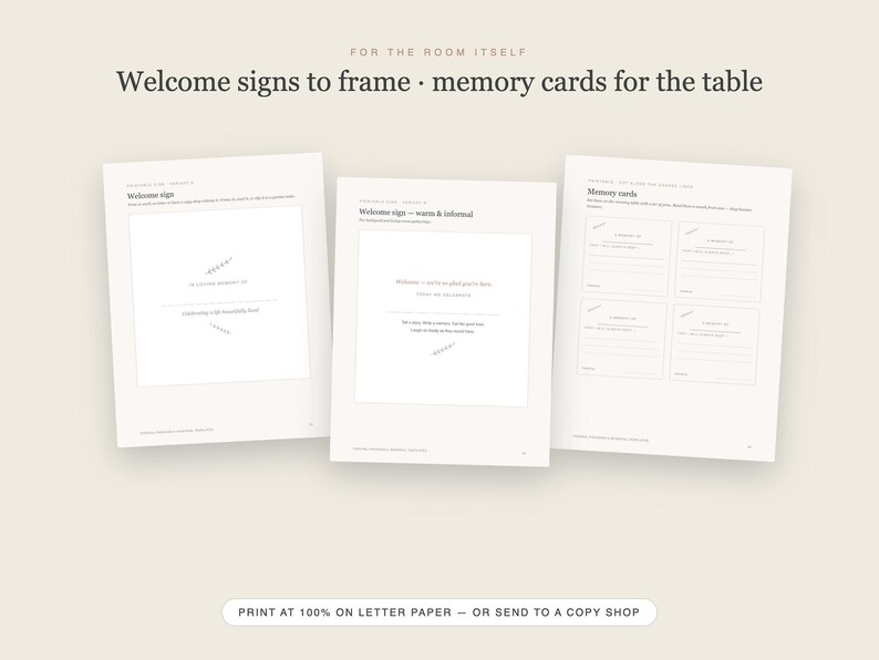 May include: Three white pages with black text and minimalist line graphics. The pages feature templates for welcome signs and memory cards, with headers reading Welcome signs to frame and memory cards for the table, plus printing instructions.