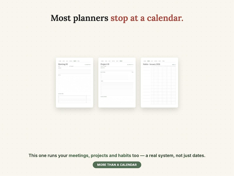 May include: Three white planner pages featuring sections for meetings, projects, and habits. The text reads: Most planners stop at a calendar. This one runs your meetings, projects and habits too &mdash; a real system, not just dates. MORE THAN A CALENDAR.