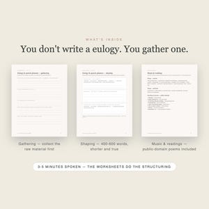 May include: A eulogy planner set featuring three white worksheets with black text. The header reads, "You don't write a eulogy. You gather one." The pages are titled "Eulogy & speech planner - gathering," "Eulogy & speech planner - shaping," and "Music & readings."