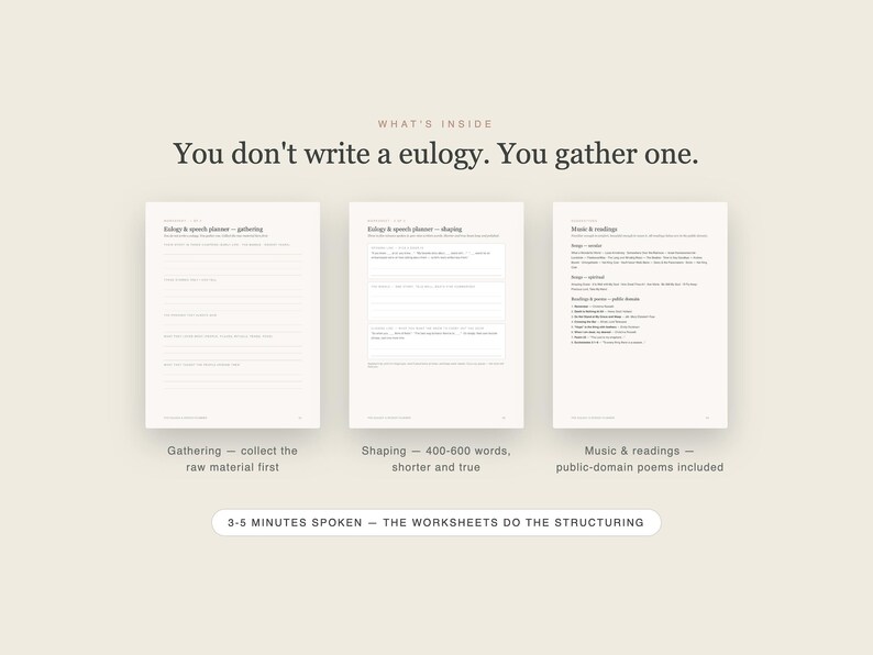 May include: A eulogy planner set featuring three white worksheets with black text. The header reads, "You don't write a eulogy. You gather one." The pages are titled "Eulogy & speech planner - gathering," "Eulogy & speech planner - shaping," and "Music & readings."