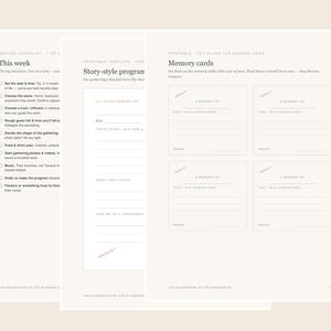 Pu&ograve; includere: Un set di tre pagine di pianificazione stampabili con sfondo beige chiaro e testo nero. Le pagine includono una lista di controllo intitolata This week, un modello di programma e quattro schede di memoria con linee di taglio tratteggiate.