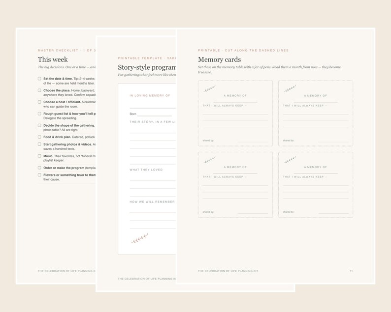 Pu&ograve; includere: Un set di tre pagine di pianificazione stampabili con sfondo beige chiaro e testo nero. Le pagine includono una lista di controllo intitolata This week, un modello di programma e quattro schede di memoria con linee di taglio tratteggiate.
