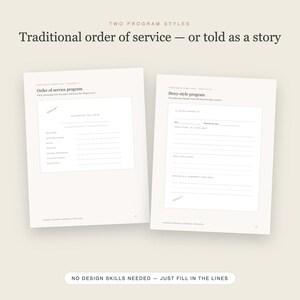 May include: Two white printable programme templates with black text. The left sheet is titled Order of service programme, and the right sheet is titled Story-style programme. Both feature fillable lines for event details and the text No design skills needed.