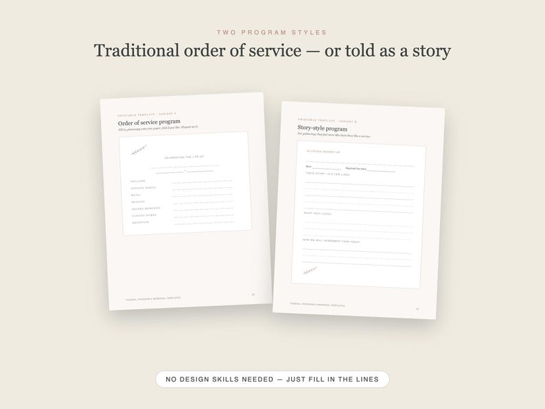May include: Two white printable programme templates with black text. The left sheet is titled Order of service programme, and the right sheet is titled Story-style programme. Both feature fillable lines for event details and the text No design skills needed.