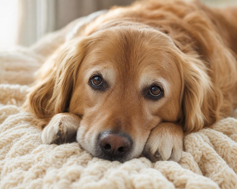 Op de afbeelding: Een golden retriever met lang, lichtbruin haar die zijn kop op zijn voorpoten laat rusten. De hond heeft donkerbruine ogen en een zwarte neus en ligt op een dikke, cr&egrave;mekleurige, grof gebreide deken met een zichtbaar textuurpatroon.