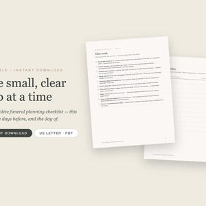 May include: A printable funeral planning checklist in US Letter PDF format. The document features a "This week" section with a list of tasks and checkboxes, alongside a lined page for notes. The text is black on white paper with a beige background.