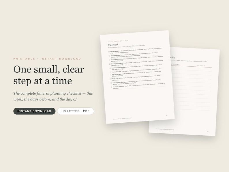 May include: A printable funeral planning checklist in US Letter PDF format. The document features a "This week" section with a list of tasks and checkboxes, alongside a lined page for notes. The text is black on white paper with a beige background.