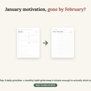 May include: A digital planner layout featuring the text January motivation, gone by February? above two white pages. The left page shows a daily schedule, and the right page shows a monthly habit grid. Below is the text Top-3 daily priorities + monthly habit grids keep it simple enough to actually stick to. and a button labeled BUILT TO KEEP UP WITH.