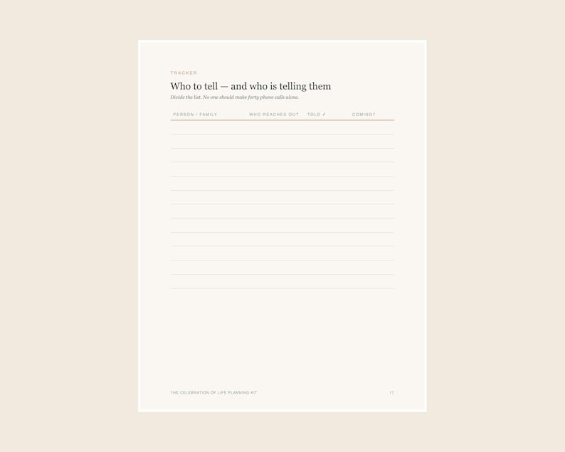 Pu&ograve; includere: Un foglio di pianificazione color crema intitolato Who to tell &mdash; and who is telling them. Presenta una sezione di tracciamento con colonne per Person/Family, Who reaches out, Told? e Coming?, seguita da linee orizzontali per prendere appunti.