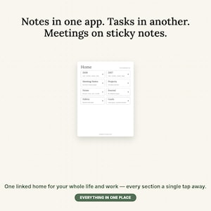 Puede incluir: Una interfaz de planificador digital sobre un fondo claro con el texto Notes in one app. Tasks in another. Meetings on sticky notes. La pantalla central muestra un panel de control Home con enlaces para 2026, 2027, Meeting Notes, Projects, Notes, Journal, Habits y Goals.
