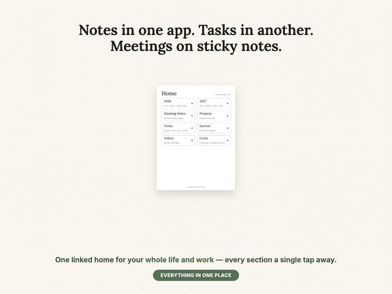 Puede incluir: Una interfaz de planificador digital sobre un fondo claro con el texto Notes in one app. Tasks in another. Meetings on sticky notes. La pantalla central muestra un panel de control Home con enlaces para 2026, 2027, Meeting Notes, Projects, Notes, Journal, Habits y Goals.