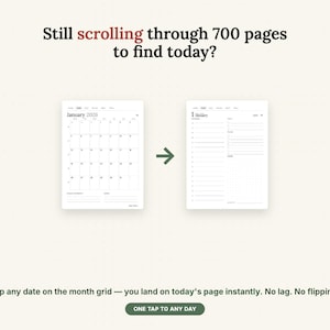 Puede incluir: Una interfaz de planificador digital con el texto Still scrolling through 700 pages to find today?, una vista de calendario mensual de enero de 2026 y una p&aacute;gina diaria conectadas por una flecha, junto al texto Tap any date on the month grid.