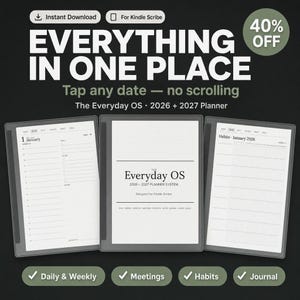 Puede incluir: Tres pantallas de tableta digital que muestran un sistema de planificaci&oacute;n 2026-2027 titulado The Everyday OS. Las pantallas muestran un horario diario, una p&aacute;gina de t&iacute;tulo para Kindle Scribe y un rastreador de h&aacute;bitos. Incluye texto.