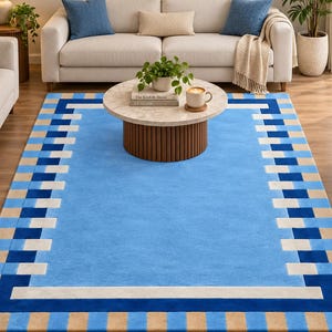Modern Blue Geometric Area Rug, Navy Cream Border, Contemporary Tufted Rug, Abstract Accent Carpet
