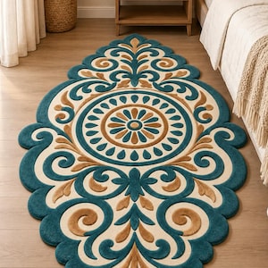 Teal Beige Medallion Tufted Rug, Vintage Floral Boho Area Rug