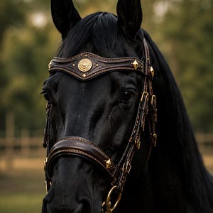 May include: A black horse wearing a dark brown leather bridle with gold-toned metal hardware. The bridle features a browband adorned with a central circular medallion and small pyramid-shaped studs, along with matching gold buckles and rings.