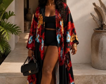 Roter Kimono-Bademantel mit Blumenmuster, leichte Resortkleidung, Strandkleid für den Urlaub