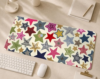 Muismat met patchwork sterren en gestikte randen, gepersonaliseerde bureauonderlegger, schrijfmat voor kinderen, gepersonaliseerd bureauaccessoire, antislip bureauonderlegger voor op het werk