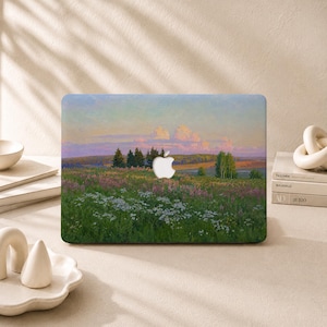 May include: A laptop skin featuring an oil painting of a lush green meadow filled with wildflowers under a soft sunset sky with pink and blue clouds, featuring a cutout for the centred white Apple logo on the closed laptop lid.