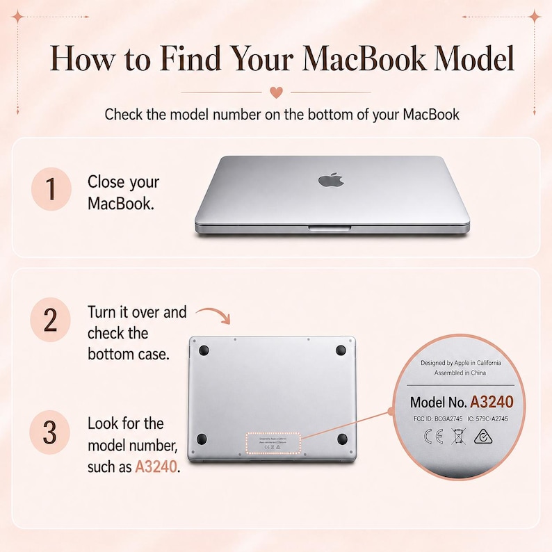 Peut inclure: Un graphique p&eacute;dagogique intitul&eacute; How to Find Your MacBook Model. Il montre un MacBook argent&eacute; ferm&eacute;, puis le bo&icirc;tier inf&eacute;rieur avec quatre pieds noirs, et un zoom circulaire mettant en &eacute;vidence le texte Model No. A3240 et des symboles r&eacute;glementaires.