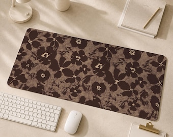 Bruine muismat met bloemenmotief en gestikte randen, bureauonderlegger op maat, schrijfmat voor kinderen, bureauaccessoire op maat, antislip bureauonderlegger voor op het werk